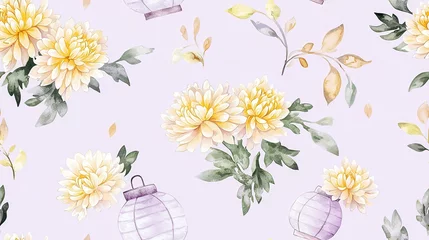 Gordijnen A beautiful watercolor pattern featuring yellow chrysanthemums and delicate lanterns on a soft lilac background. © wanavit
