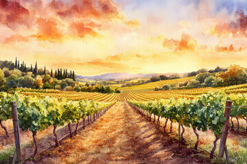 Fototapeta premium Watercolor illustration of a scenic vineyard landscape with a farmer tending to the vines, set against rolling hills under a partly cloudy sky.