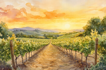 Naklejka premium Watercolor illustration of a scenic vineyard landscape with a farmer tending to the vines, set against rolling hills under a partly cloudy sky.