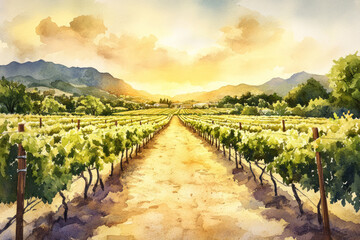 Naklejka premium Watercolor illustration of a scenic vineyard landscape with a farmer tending to the vines, set against rolling hills under a partly cloudy sky.