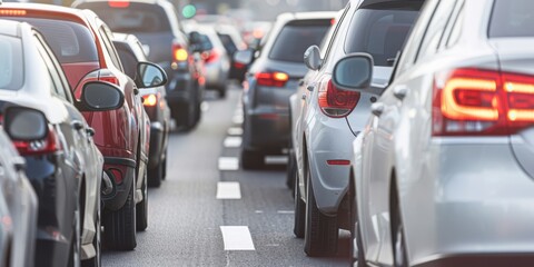a long line of cars stuck in a traffic jam, with drivers looking exasperated and horns blaring