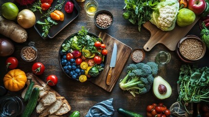 Colorful fruits and vegetables lay scattered on a rustic wooden surface, showcasing a variety of textures and colors for meal preparation