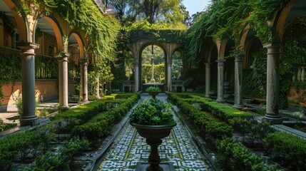 Fototapeta premium A serene outdoor setting featuring a fountain surrounded by lush greenery