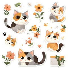 Obraz premium set icon of cute cat character poses scene in pastel colors, white background, vector art illustration 