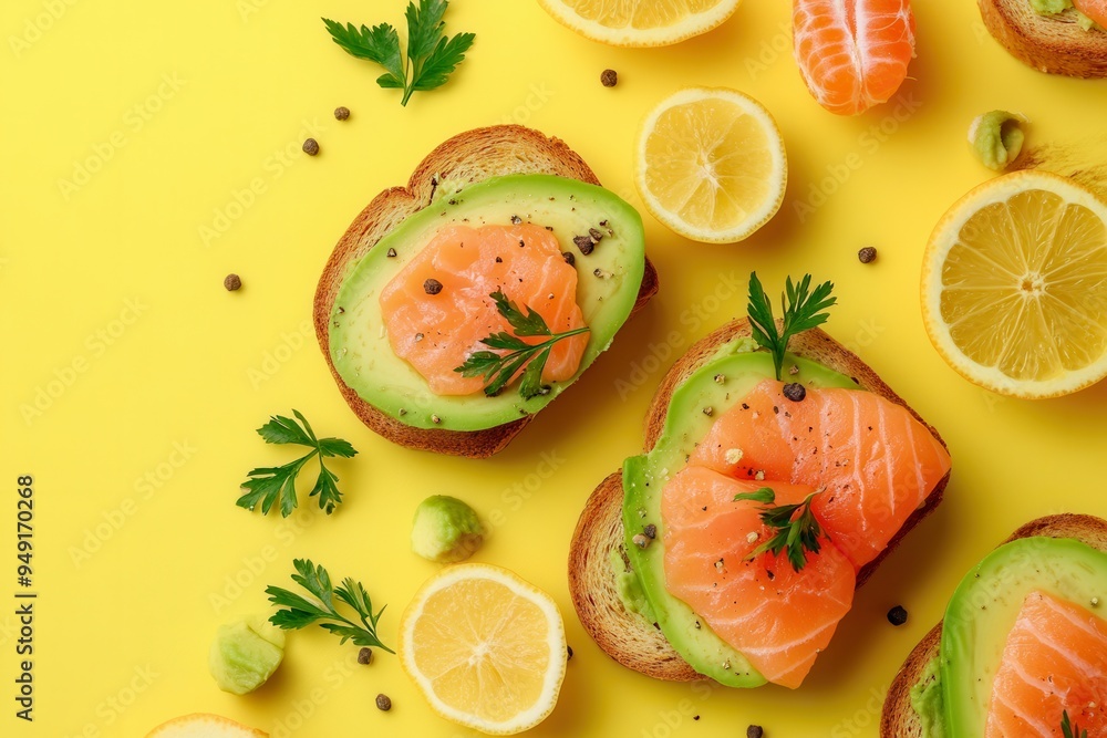 Aufkleber a vibrant breakfast spread features toasted bread topped with creamy avocado and fresh salmon, accom