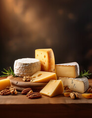 Different kinds of cheese with nuts on dark background, copy space
