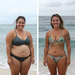 Transformational journey: A side-by-side comparison showing dramatic weight loss of obese woman in swimsuit, dedication and hard work, with a focus on body transformation and personal achievement.