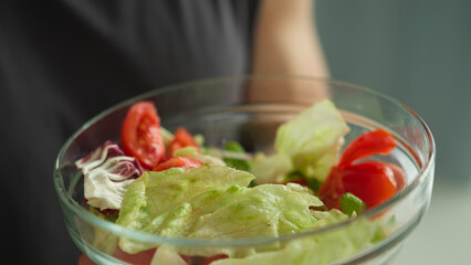 Close up human man hand holding plate salad vegetables fork tomato cabbage healthy food nutrition lettuce dieting organic vegan freshness superfood delicious dinner dish ingredient greens leaves snack