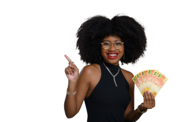 young black woman smiling holding brazilian money notes, points with finger to the left side, person, advertising concept