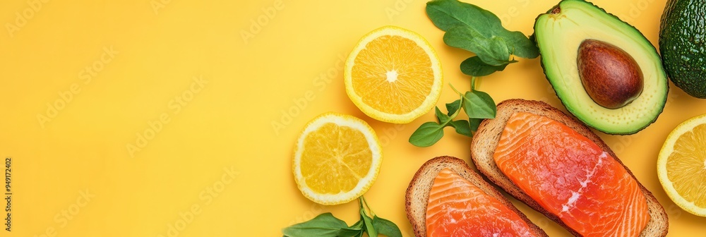 Poster a delightful breakfast spread featuring creamy avocado toast topped with salmon, complemented by fre