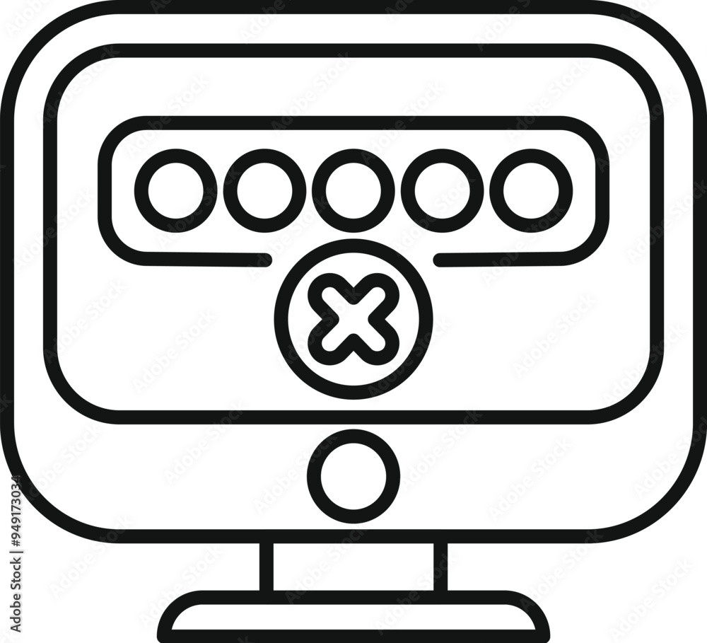 Poster line art vector icon of a computer monitor displaying a wrong password notification, representing th