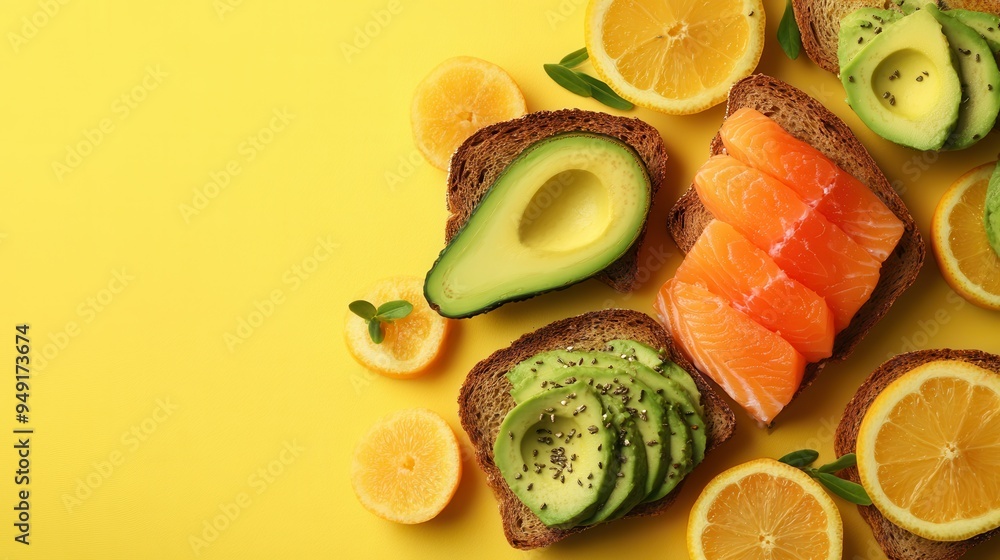 Aufkleber enjoy a delicious and nutritious breakfast featuring avocado toast, slices of salmon, and fresh citr
