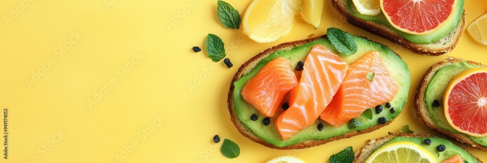 Poster A nutritious breakfast includes avocado toast with salmon and fresh citrus slices arranged beautifully on a cheerful yellow surface. Generative AI
