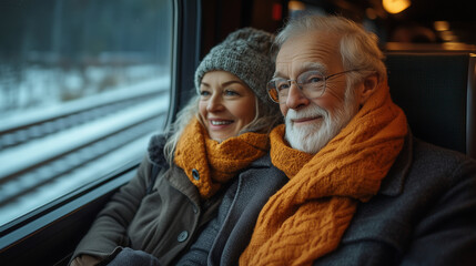 Senior couple traveling on a scenic train journey, sharing stories and enjoying the view.