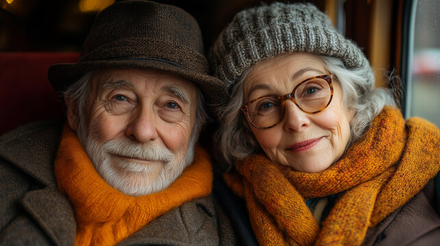Senior couple traveling on a scenic train journey, sharing stories and enjoying the view. - Powered by Adobe