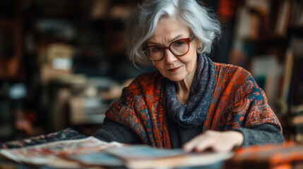 Obraz premium Elderly woman designing handmade greeting cards, carefully selecting colors and patterns.