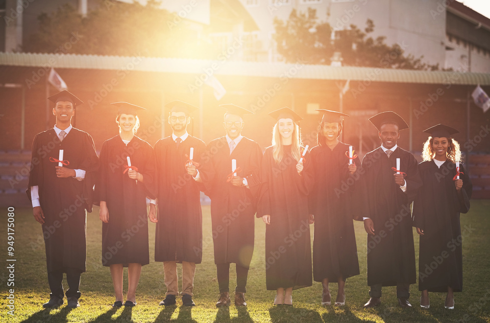 Poster Graduation, campus or portrait of students with sunrise at university for education, learning or success. College, diploma or happy people in group with degree, flare or certificate for empowerment