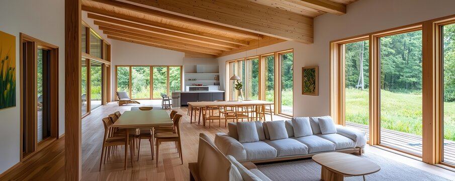 Passive solar house design with large windows and natural light, maximizing energy efficiency, sustainable living, energy-efficient architecture