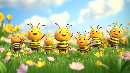 Obraz premium A group of cute cartoon bees dancing happily in a meadow filled with flowers.