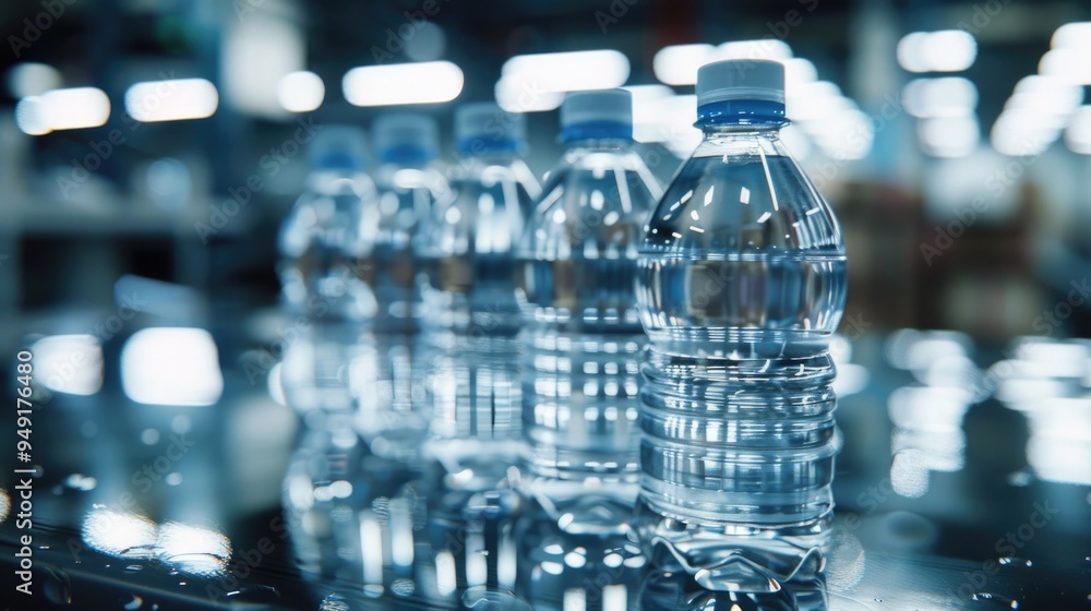 Poster a collection of water bottles placed on a table, suitable for use in various settings such as office