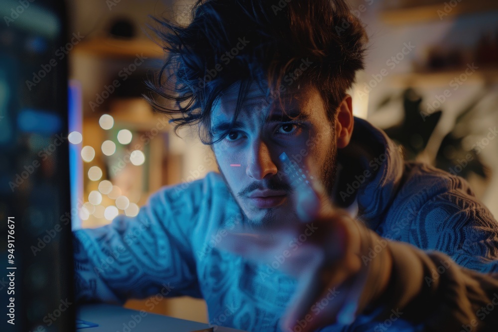 Poster a person gesturing towards a computer screen, possibly highlighting an important point or sharing in