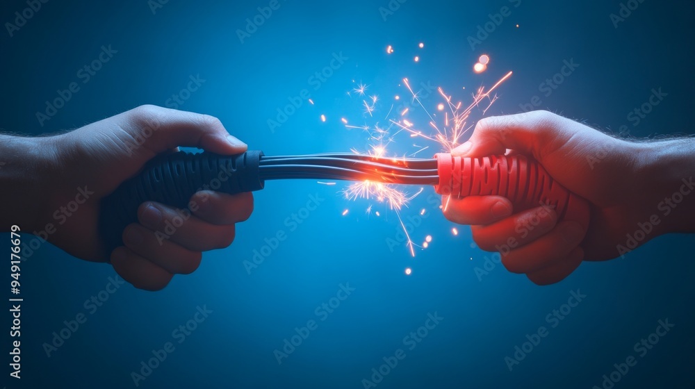 Poster a powerful visual of two hands pulling apart electric wires. sparks fly as energy is released. this 