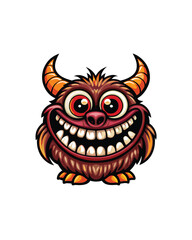 A cartoon impish creature with stubby horns, large eyes and a wide grin.