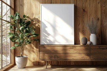 Poster Frame Mockup on Wooden Interior Background created with Generative AI