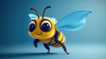 Cute cartoon bee dressed as a superhero, with a tiny cape fluttering behind it.