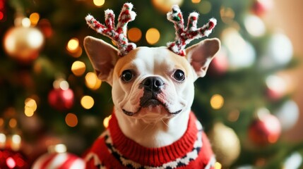 cute dog wearing reindeer antlers and a Christmas sweater, sitting by the tree