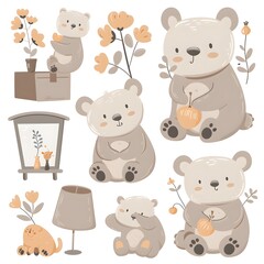 Obraz premium set icon of cute Bear teddy character poses scene in pastel colors, white background, vector art illustration
