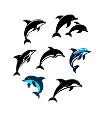 Naklejka premium Set of Dolphin Silhouettes, aquatic sea mammal