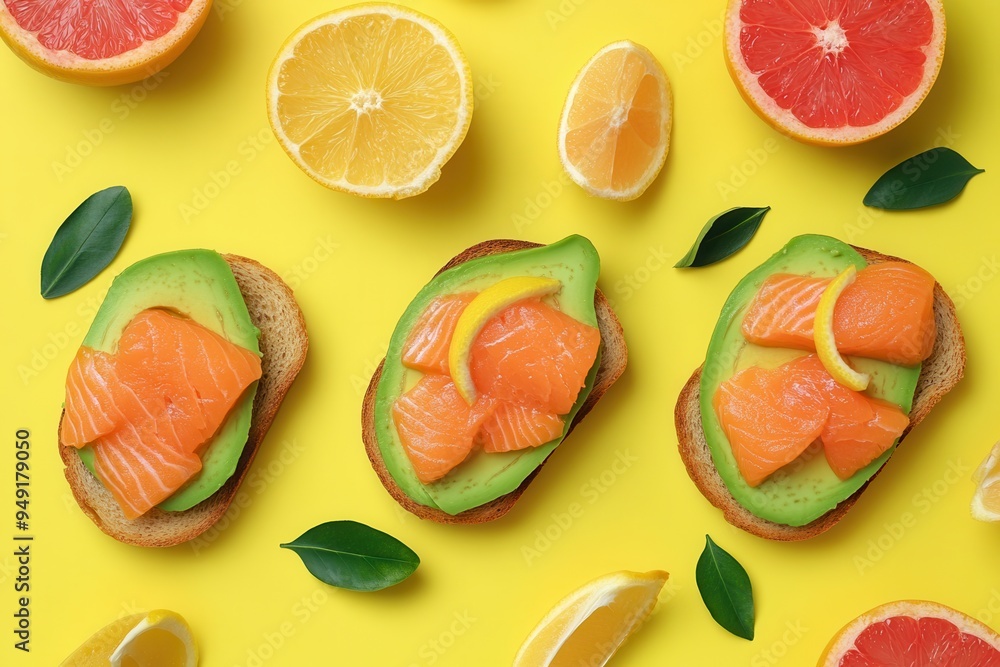 Poster A colorful breakfast features avocado toast topped with salmon, complemented by fresh citrus slices on a cheerful yellow backdrop. Generative AI