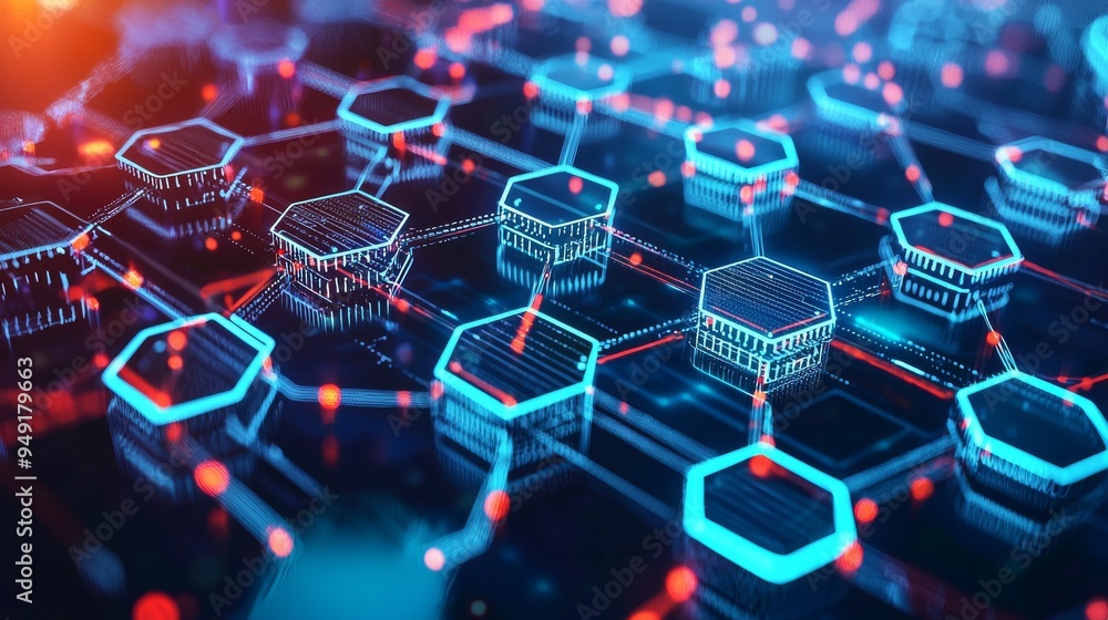Poster abstract technology network hexagonal grid with blue and red lights