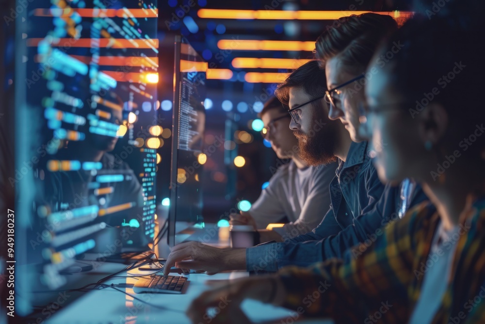Poster a group of people sitting together in front of computer screens, possibly working or collaborating