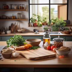 Cooking Prep Scene- A kitchen table with ingredients, a cutting board, and kitchen utensils,