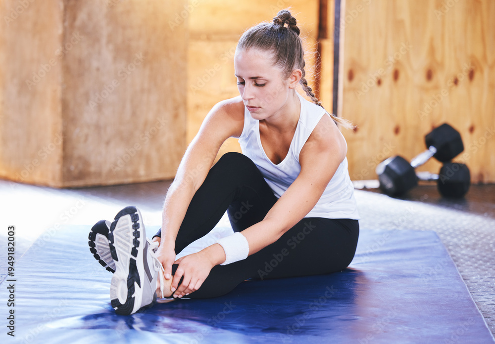 Wall mural Woman, massage and ankle pain of fitness at gym from workout injury, sports emergency and achilles problem. Female athlete, legs and accident from exercise training, joint risk and muscle trauma