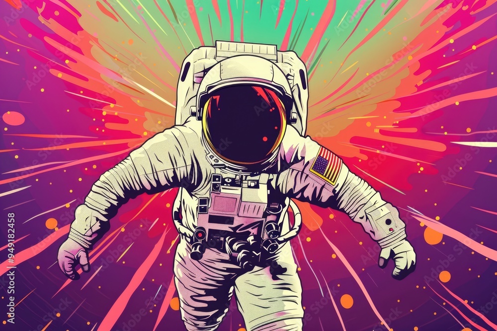 Poster an astronaut in a space suit floating against a vibrant colored background