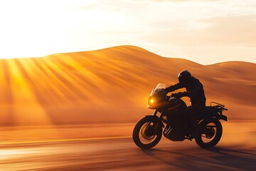 Motorcycle Riding Through Desert at Sunset