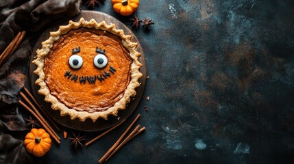 Halloween-themed food design, pumpkin pie with creepy eyes, cinnamon sticks, dark rustic background, eerie vibe