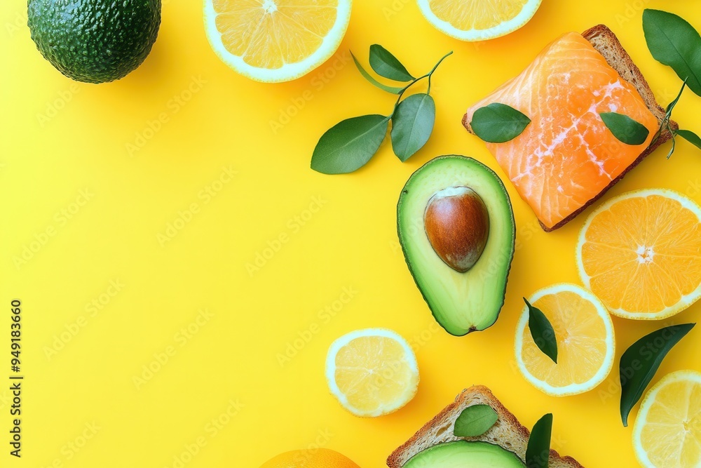 Poster a colorful display featuring avocado toast topped with smoked salmon, complemented by fresh citrus f