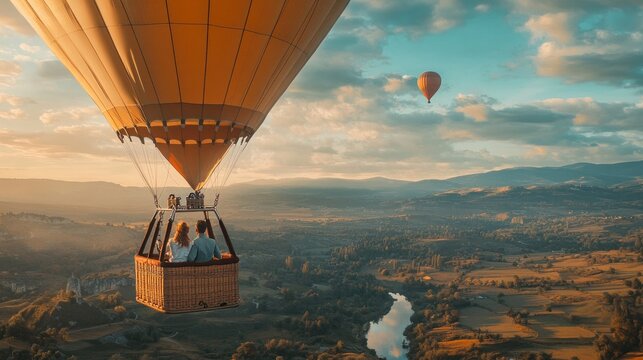 A vibrant hot air balloon floats above a picturesque landscape at sunset. This image captures adventure and freedom. Perfect for travel and leisure themes. AI