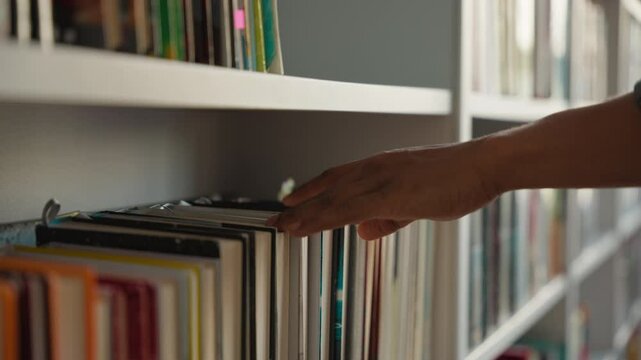 Close up hand African American man choose book bookshelf library bookstore student university unrecognizable reader literature textbooks literary bookworm bookcase education learn buyer shopper books