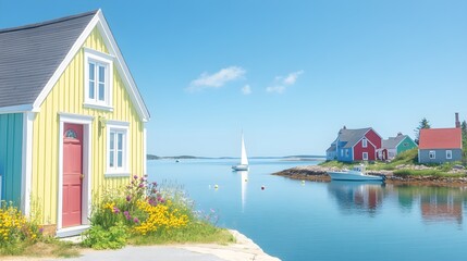 Obraz premium Brightly colored coastal homes overlooking a calm bay, sailboats drifting by