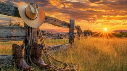 A beautiful sunset landscape featuring cowboy boots and a hat resting on a fence. Perfectly captures western style and outdoor adventure. A peaceful rural scene. AI