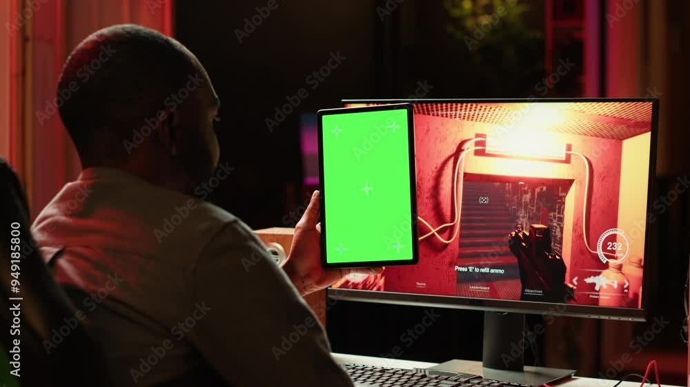 Aufkleber man watching videos on green screen tablet while playing first person shooter videogame at home. gam