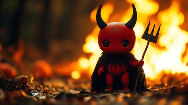 A cute devil doll stands confidently against a backdrop of flames, embodying a playful take on Halloween themes.