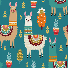 colored alpacas in an ornament on a background of plants. seamless pattern © IRINA