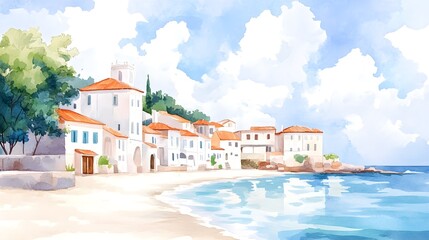 Fototapeta premium A tranquil coastal village, pastel-colored houses nestled along the shore, with soft waves gently lapping in the background, watercolor effect, oil painting style