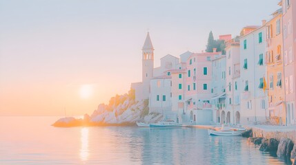 Fototapeta premium Picturesque coastal village with colorful facades, dramatic cliffs, and a setting sun